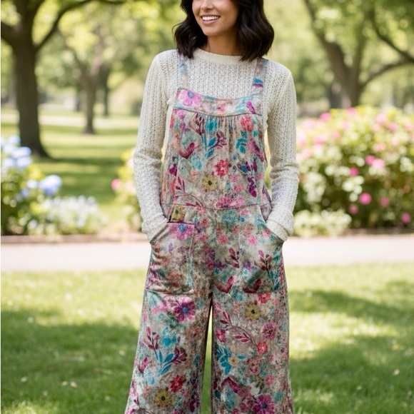 Natural Life Velvet Dakota Overall Jumpsuit Wide Leg Floral Women's size M - Picture 4 of 9